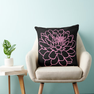 Cojín Decorativo Dibujo de crisantemo - Rosa sobre negro
