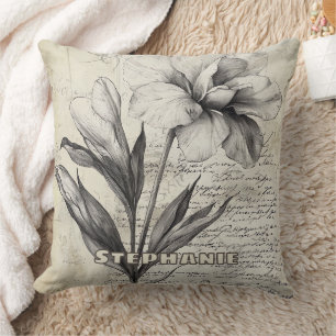 Cojín Decorativo Dibujo de Flor Marrón Nostálgico en Papel Antiguo