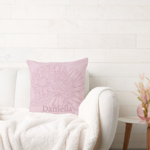 Cojín Decorativo Dibujo de línea de crisantemo rosa con tu nombre