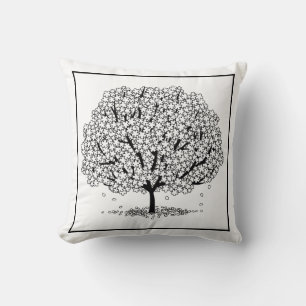 Cojín Decorativo Dibujo de líneas de árbol moderno en blanco y negr