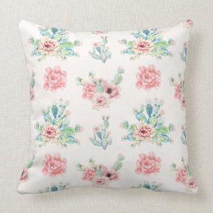 Cojín Decorativo Dibujo De Mano De Agua Cacti Exótico Con Flores