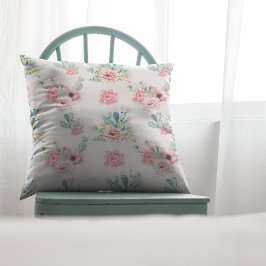 Cojín Decorativo Dibujo De Mano De Agua Cacti Exótico Con Flores