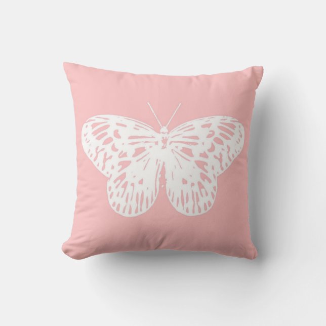 Cojín Decorativo Dibujo de mariposa, rosa concha y blanco (Anverso)