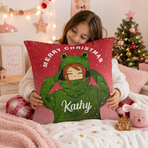 Cojín Decorativo Dibujo de niña con capucha de rana verde Navidad