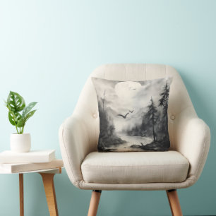 Cojín Decorativo Dibujo de paisaje monocromático a tinta