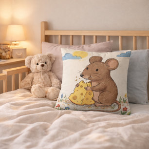 Cojín Decorativo Dibujo de ratón adorable comiendo queso para niños