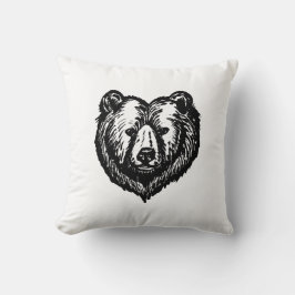 Cojín Decorativo Dibujo de tinta de la cara de oso en blanco y negr