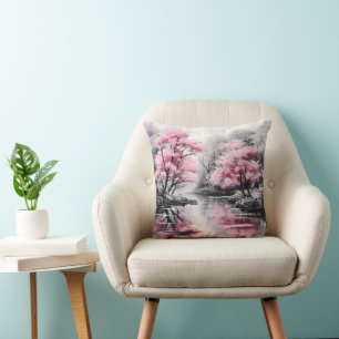 Cojín Decorativo Dibujo de tinta Sakura sobre río