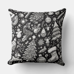 Cojín Decorativo Dibujo en Pastel Blanco y Negro Motivo Navideño Fi