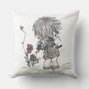 Cojín Decorativo Dibujo manual animado de chica y gatito