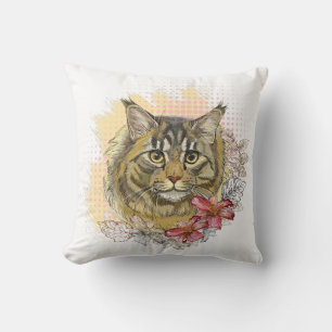 Cojín Decorativo Dibujo manual divertido lindo Maine coon con flore