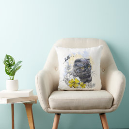 Cojín Decorativo Dibujo manual gracioso gato negro británico con fl