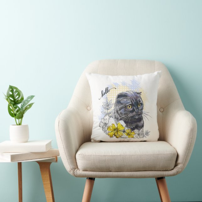 Cojín Decorativo Dibujo manual gracioso gato negro británico con fl (Silla)