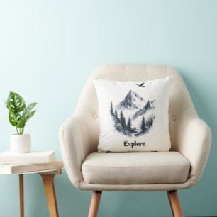 Cojín Decorativo Dibujo paisajístico de montaña con pájaro volador