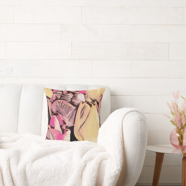 Cojín Decorativo Dibujo retro de tulipanes rojos rosados (Sofá)