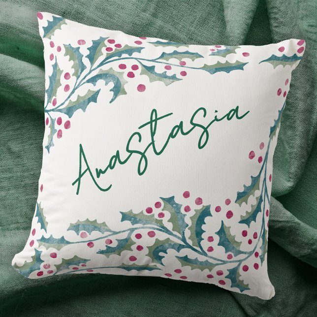 Cojín Decorativo Diciembre Mes de Cumpleaños Personalizado Holly (December birthday personalized custom name birth month flower holly throw pillow)