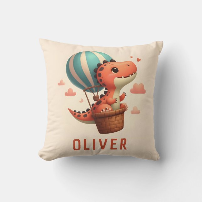 Cojín Decorativo Dino lindo volando en globo de aire caliente (Anverso)