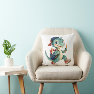 Cojín Decorativo Dinosaur adorable con acuarela y útiles escolares