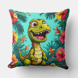 Cojín Decorativo Dinosaurio de Dibujos Animados Alegre con Flores T