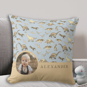 Cojín Decorativo Dinosaurio Foto Personalizada y Nombre Azul