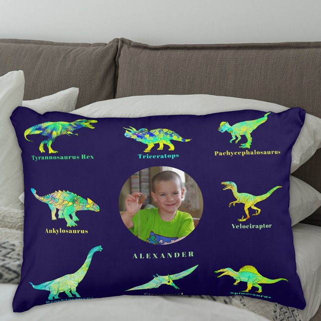 Cojín Decorativo Dinosaurio fotográfico de niños personalizados (Dinosaur boys personalized name and photo navy blue and green pillow with dino names)