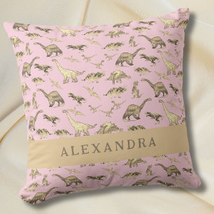 Cojín Decorativo Dinosaurio Lindo Nombre Personalizado Rosa