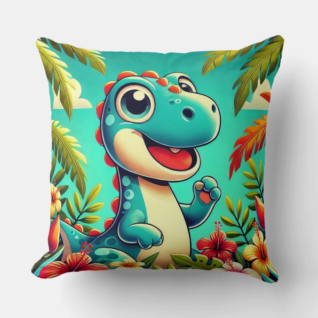 Cojín Decorativo Dinosaurio Personalizado Adorable en medio de vibr (Anverso)