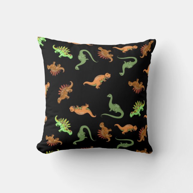 Cojín Decorativo Dinosaurios Lindos sobre Fondo Negro (Anverso)