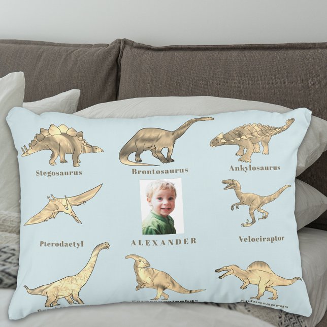 Cojín Decorativo Dinosaurios - Nombre personalizado y foto azul (Boys dinosaur personalized photo blue pillow educational dinos with their names spelling fun design)