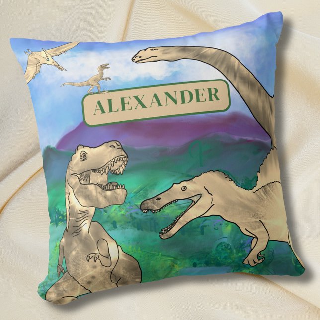 Cojín Decorativo dinosaurios personalizados (Dinosaur personalized name pillow for boys. Fun dino kids bedroom home decor. T-Rex  velociraptor )