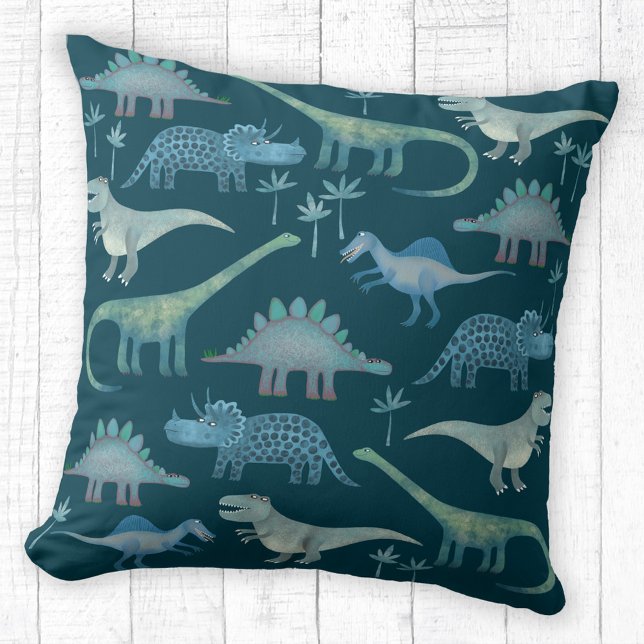 Cojín Decorativo Dinosaurios verde oscuro (Fun dinosaur pattern teal green throw pillow)