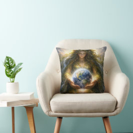 Cojín Decorativo Diosa Gaia sosteniendo suavemente el planeta Tierr