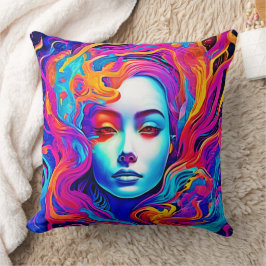 Cojín Decorativo Diosa neón con el pelo cósmico flotante