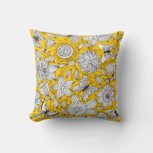 Cojín Decorativo Diseño abstracto floral amarillo blanco (Anverso)