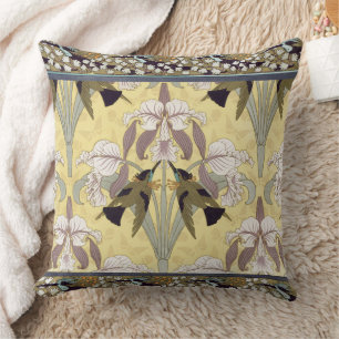 Cojín Decorativo Diseño Art Nouveau de Orquídea Colibrí Vintage