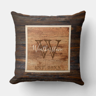 Cojín Decorativo Diseño cuadrado de monograma de tono de madera rús