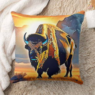 Cojín Decorativo Diseño de Arte de Bisonte de Montaña al Atardecer