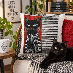 Cojín Decorativo Diseño de arte popular abstracto de gato negro mod
