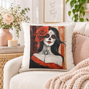 Cojín Decorativo Diseño de arte popular gótico de mujer Catrina con