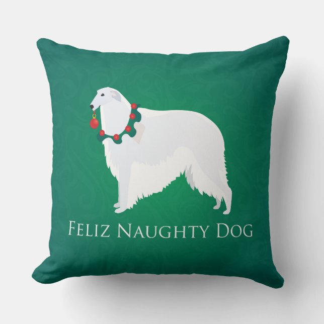 Cojín Decorativo Diseño de Borzoi Feliz Navidades de Perro travieso (Anverso)