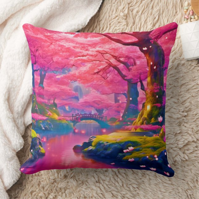 Cojín Decorativo Diseño de bosques de flores rosadas (Manta)