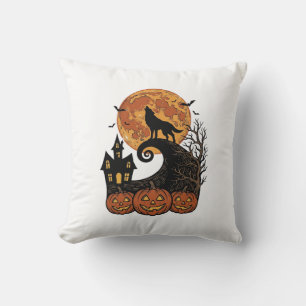 Cojín Decorativo Diseño de camiseta de calabaza de luna de lobo de
