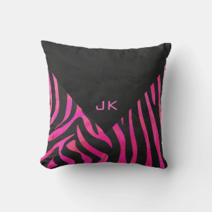 Cojín Decorativo Diseño de cebra en negro y rosa caliente monograma