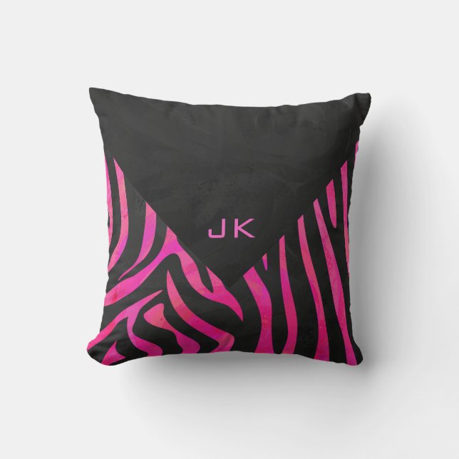 Cojín Decorativo Diseño de cebra en negro y rosa caliente monograma (Anverso)