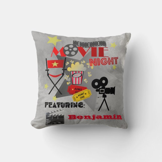 Cojín Decorativo Diseño de cine en casa nocturno con nombre (Anverso)
