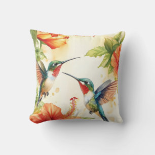Cojín Decorativo Diseño de colibrí acuarela y flores