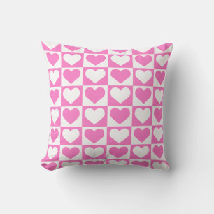 Cojín Decorativo Diseño de Corazones de Cuadros - Rosa y Blanco