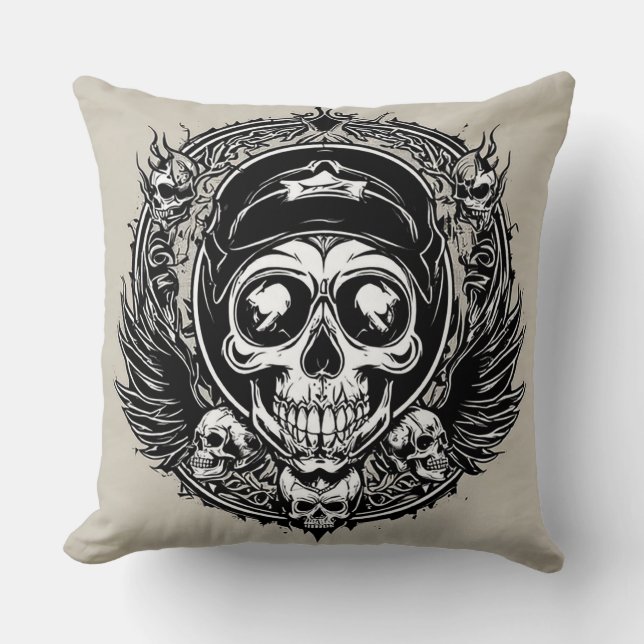 Cojín Decorativo Diseño de cráneo con alas y símbolos (Anverso)