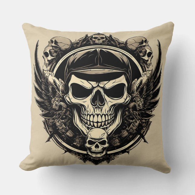 Cojín Decorativo Diseño de cráneo con alas y símbolos (Anverso)