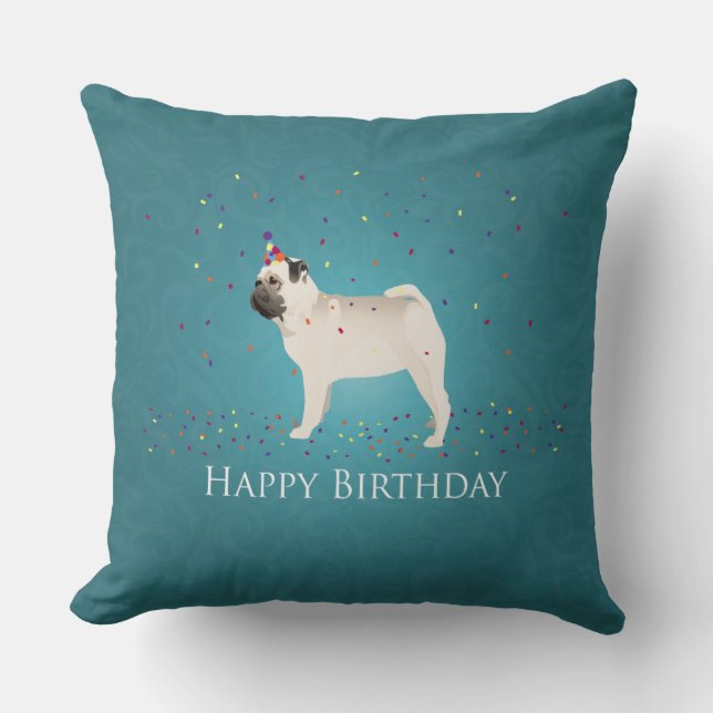 Cojín Decorativo Diseño de cumpleaños de Pug (Anverso)